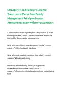 Manager-s Food Handler-s License- Texas&comma; Learn2Serve Food Safety Management Principles Lesson Assessments exam with correct answers 