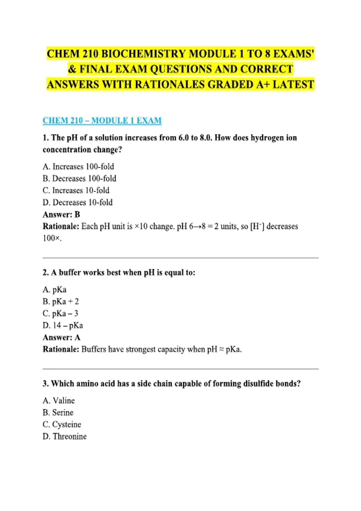 CHEM 210 BIOCHEMISTRY MODULE 1 TO 8 EXAMS' & FINAL EXAM QUESTIONS AND ...