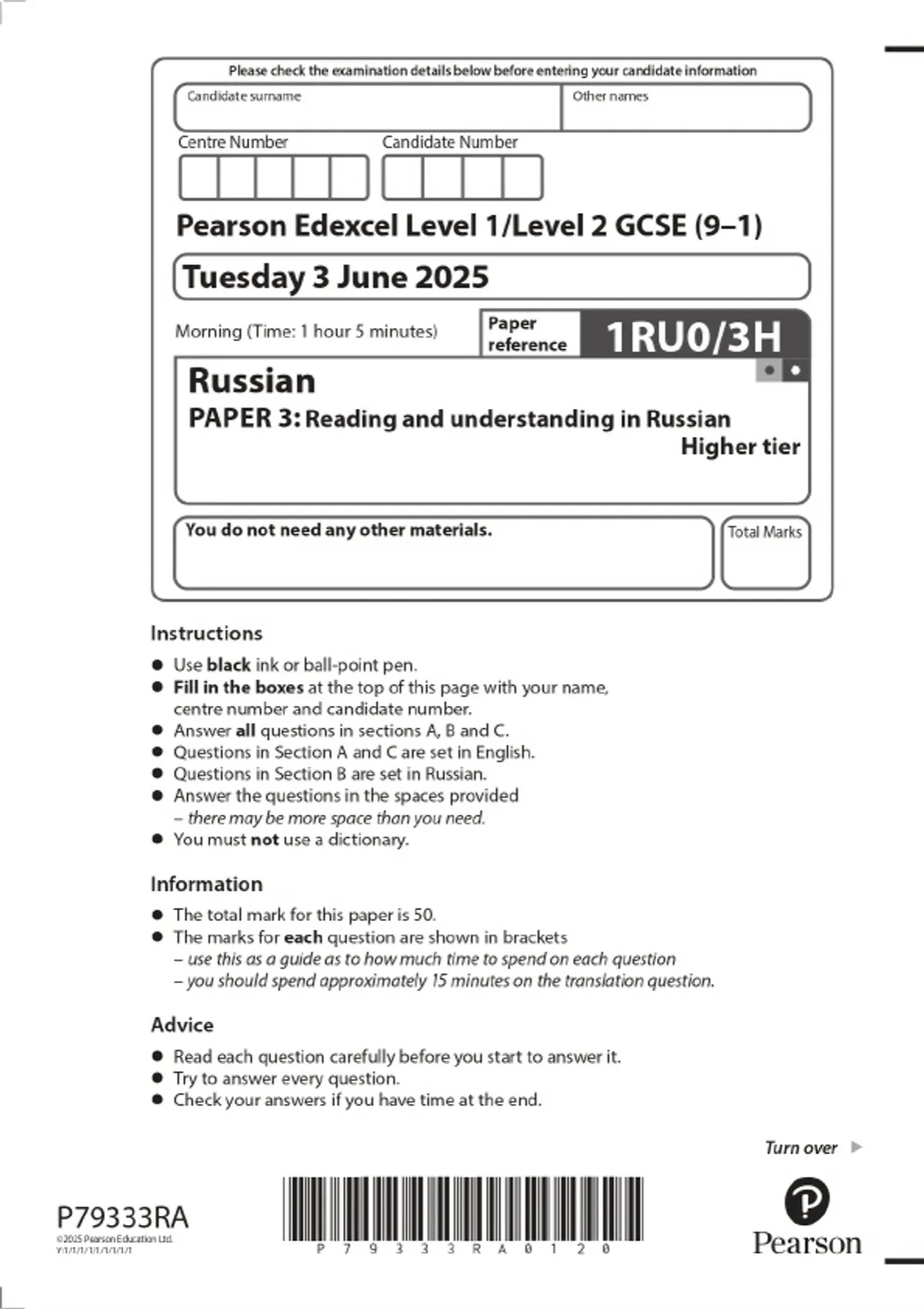 2025 Pearson Edexcel Level 1/Level 2 GCSE (9–1) Russian PAPER 3 ...