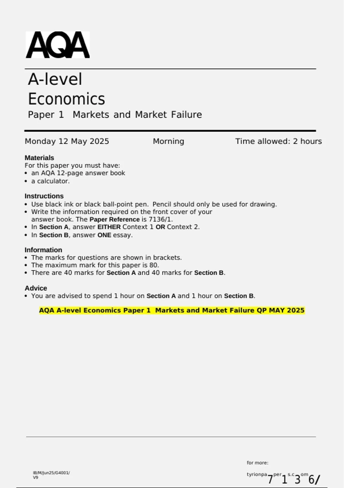 AQA A-level Economics Paper 1 Markets and Market Failure QP MAY 2025 ...