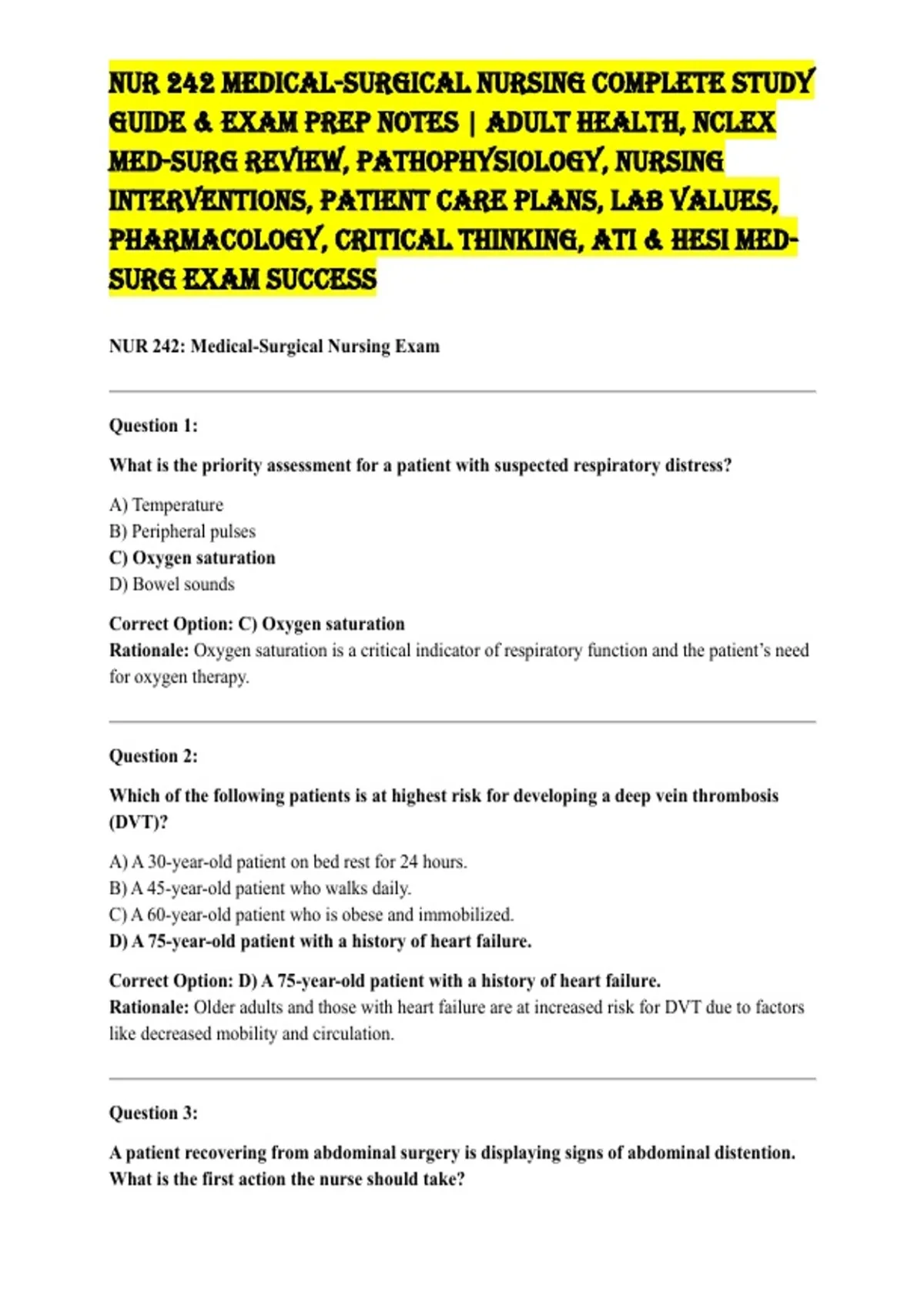 NUR 242 Medical-Surgical Nursing Complete Study Guide & Exam Prep Notes ...