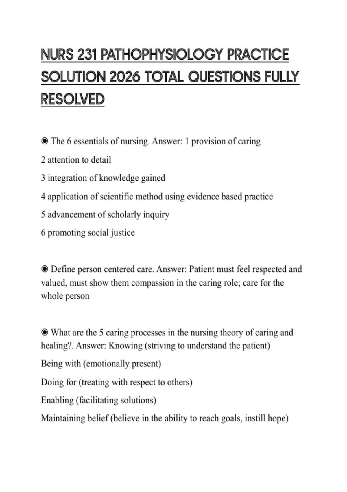 NURS 231 PATHOPHYSIOLOGY PRACTICE SOLUTION 2026 TOTAL QUESTIONS FULLY ...