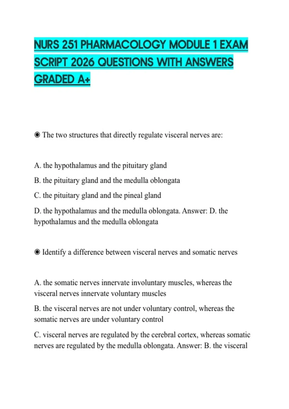 NURS 251 PHARMACOLOGY MODULE 1 EXAM SCRIPT 2026 QUESTIONS WITH ANSWERS ...