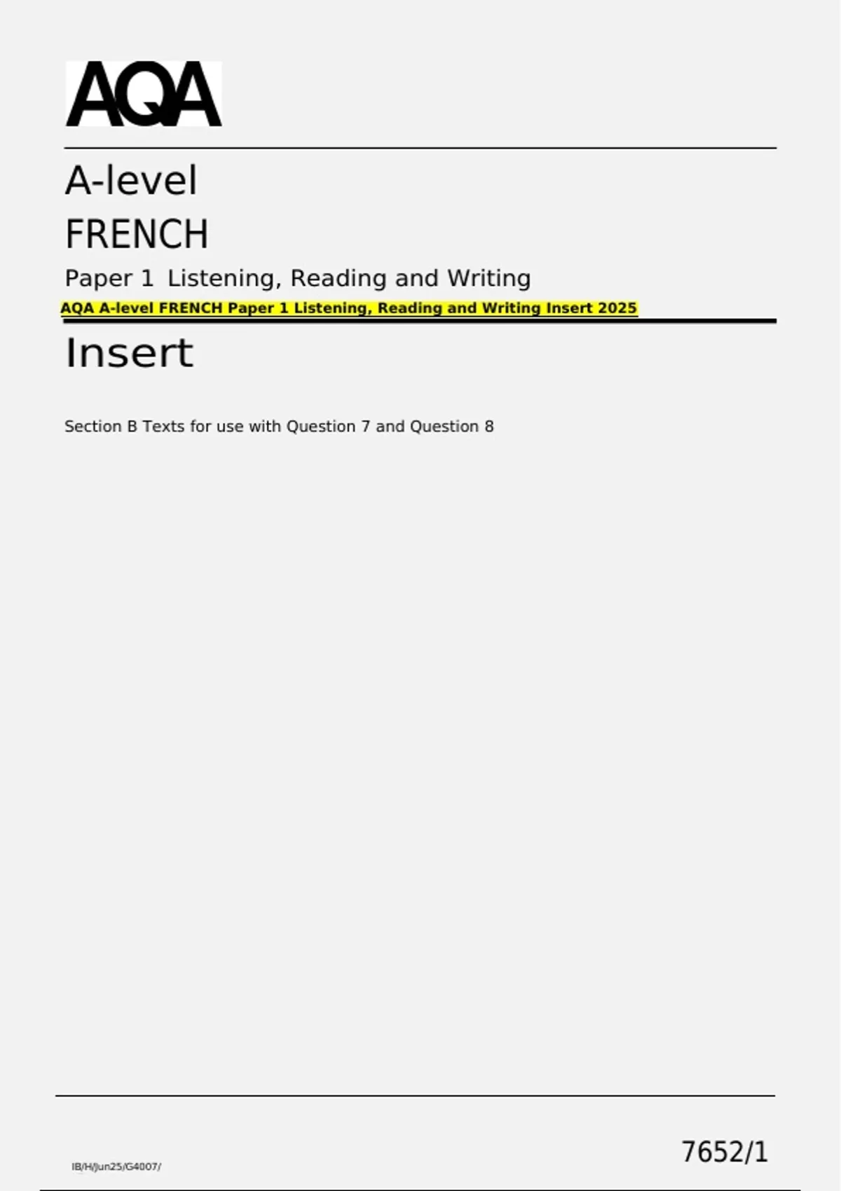 AQA A-level FRENCH Paper 1 Listening, Reading and Writing Insert 2025 ...