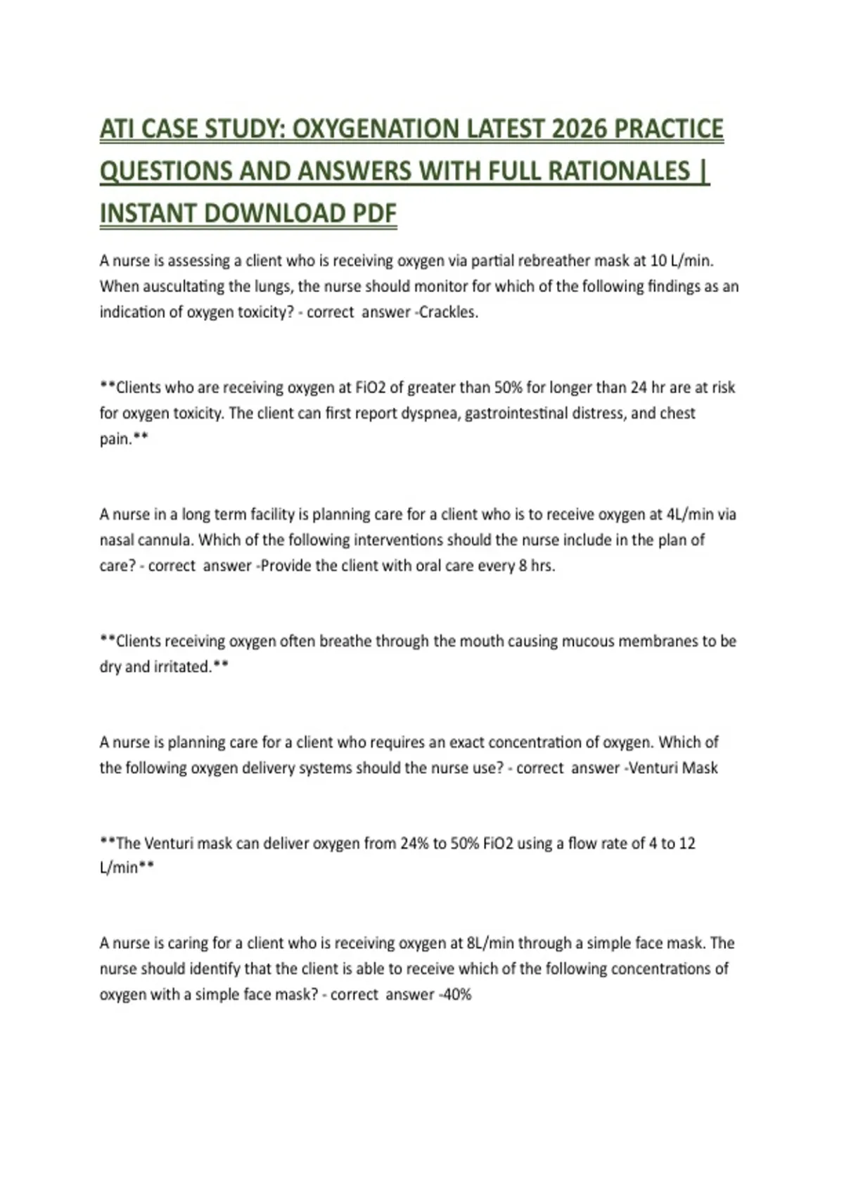 ATI CASE STUDY: OXYGENATION LATEST 2026 PRACTICE QUESTIONS AND ANSWERS ...