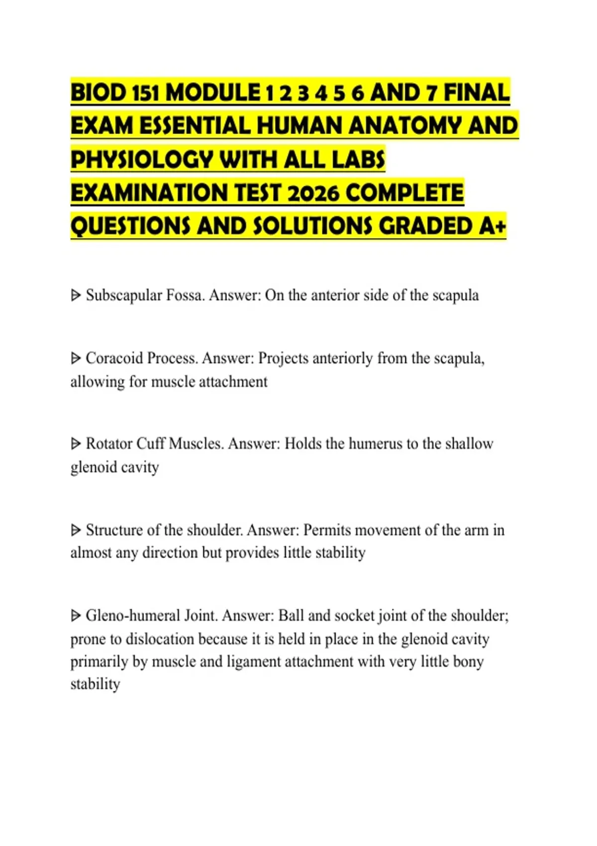 BIOD 151 MODULE 1 2 3 4 5 6 AND 7 FINAL EXAM ESSENTIAL HUMAN ANATOMY ...