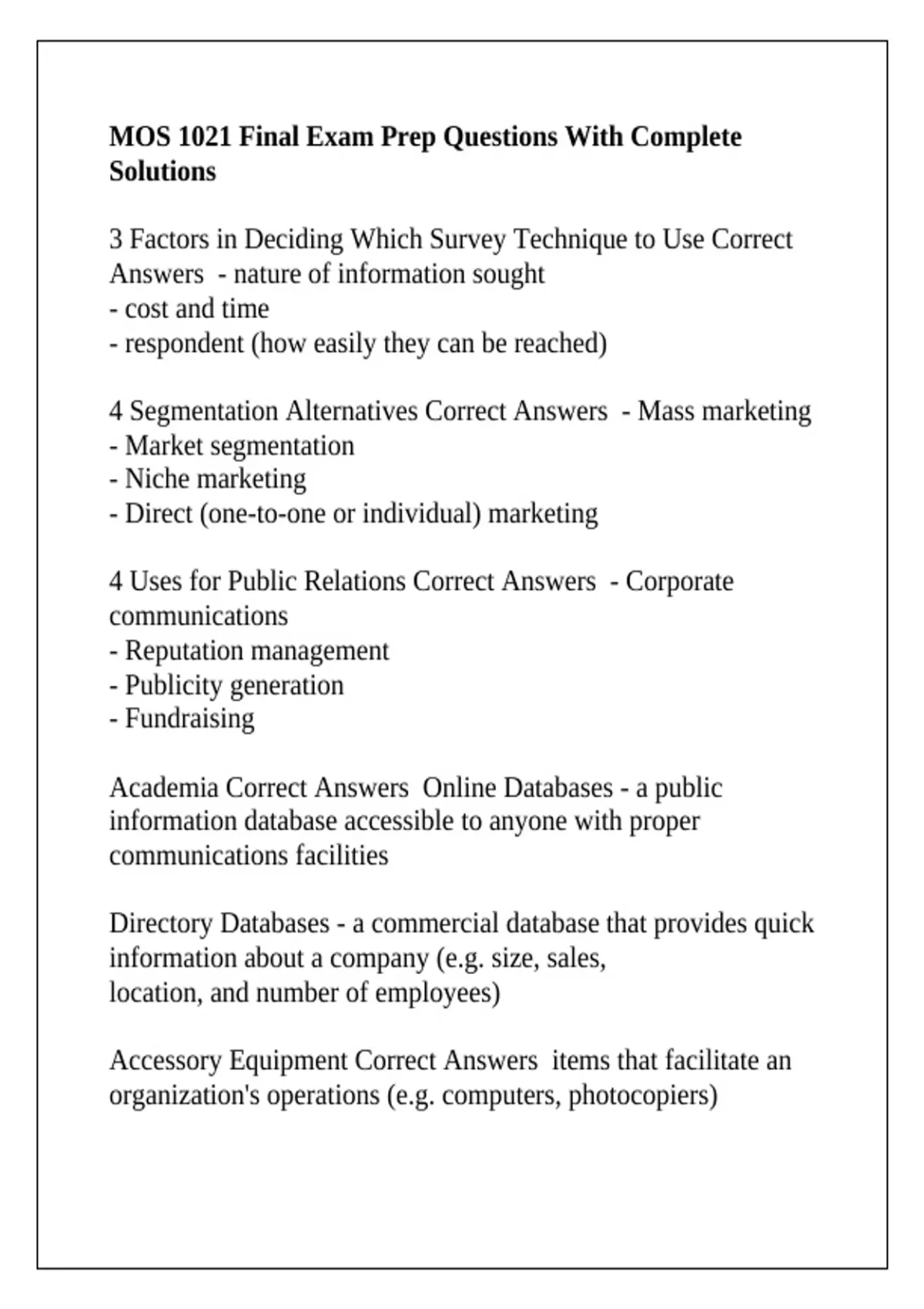 MOS 1021 Final Exam Prep Questions With Complete Solutions - MOS 1021 ...