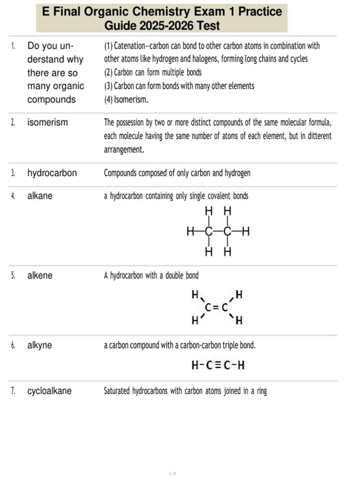 E Final Organic Chemistry Exam 1 Practice Guide Test - Organic ...
