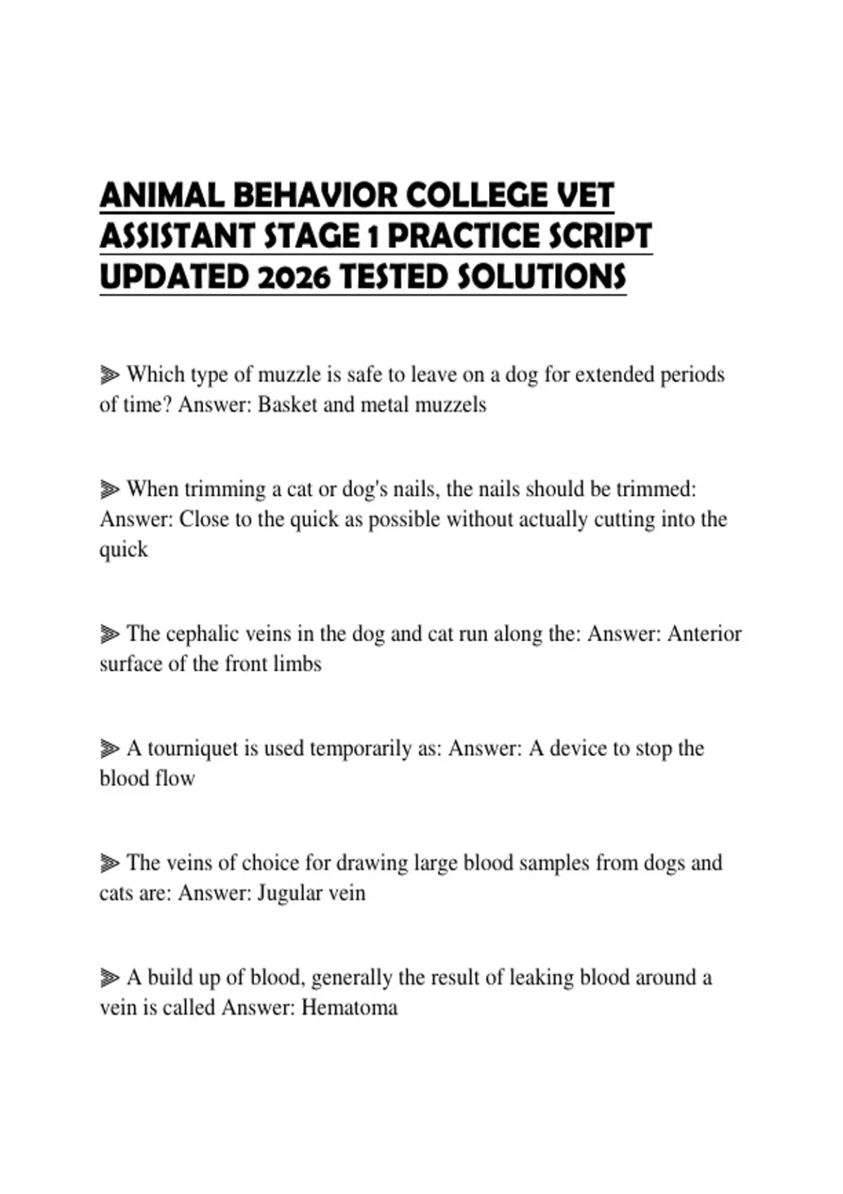 ANIMAL BEHAVIOR COLLEGE VET ASSISTANT STAGE 1 PRACTICE SCRIPT UPDATED ...