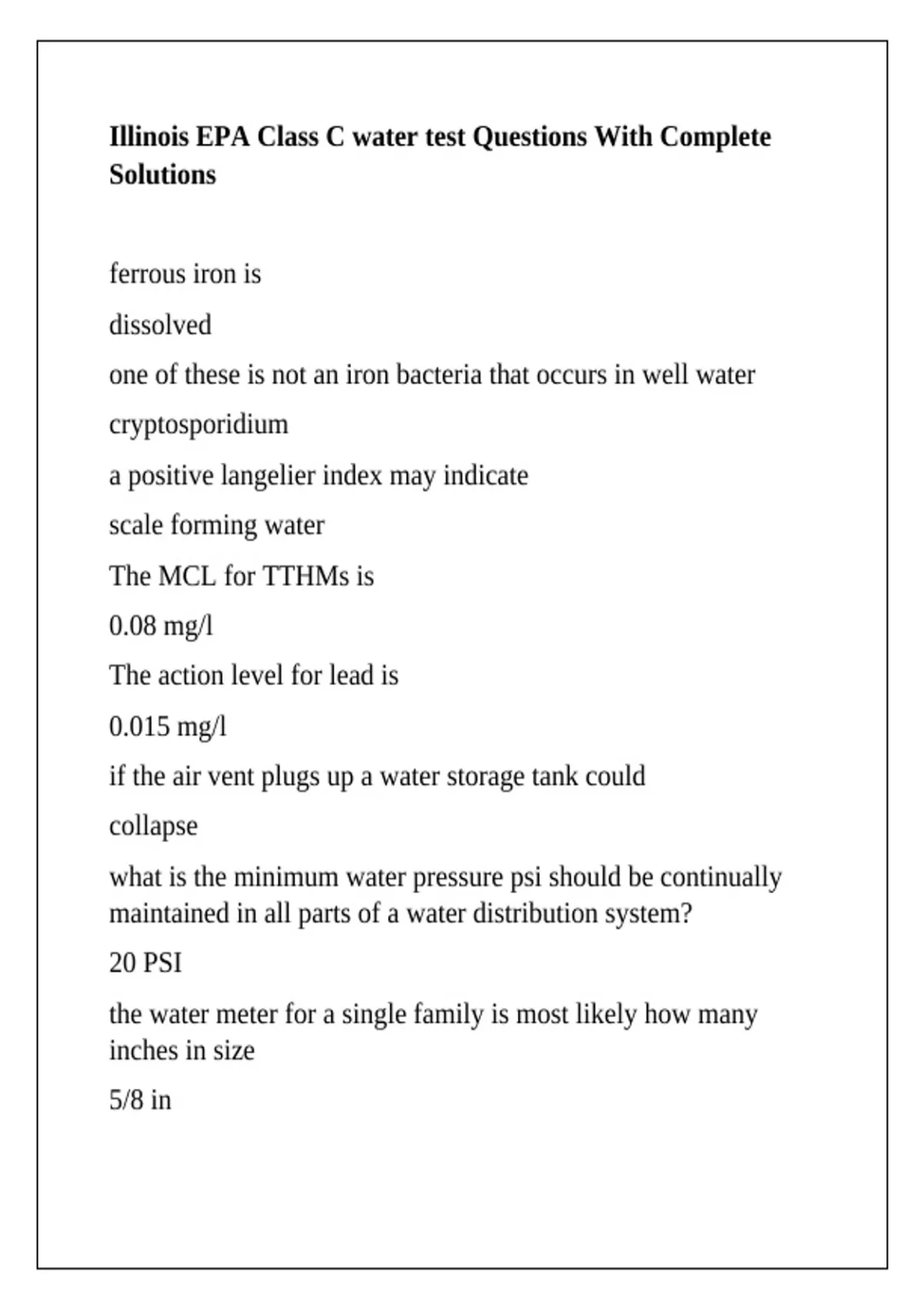 Epa Water Testing Illinois EPA Class C water test Questions With Complete Solutions ...