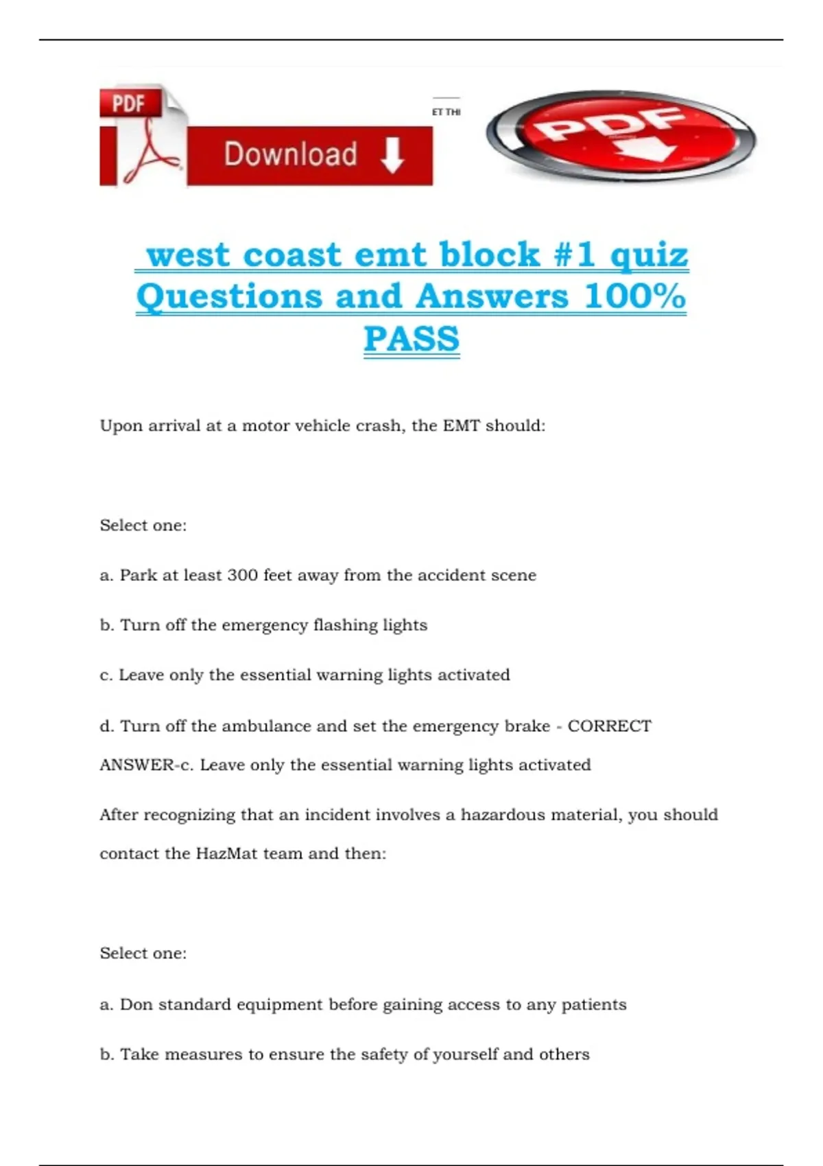 west coast emt block #1 quiz Questions and Answers 100% PASS - West ...