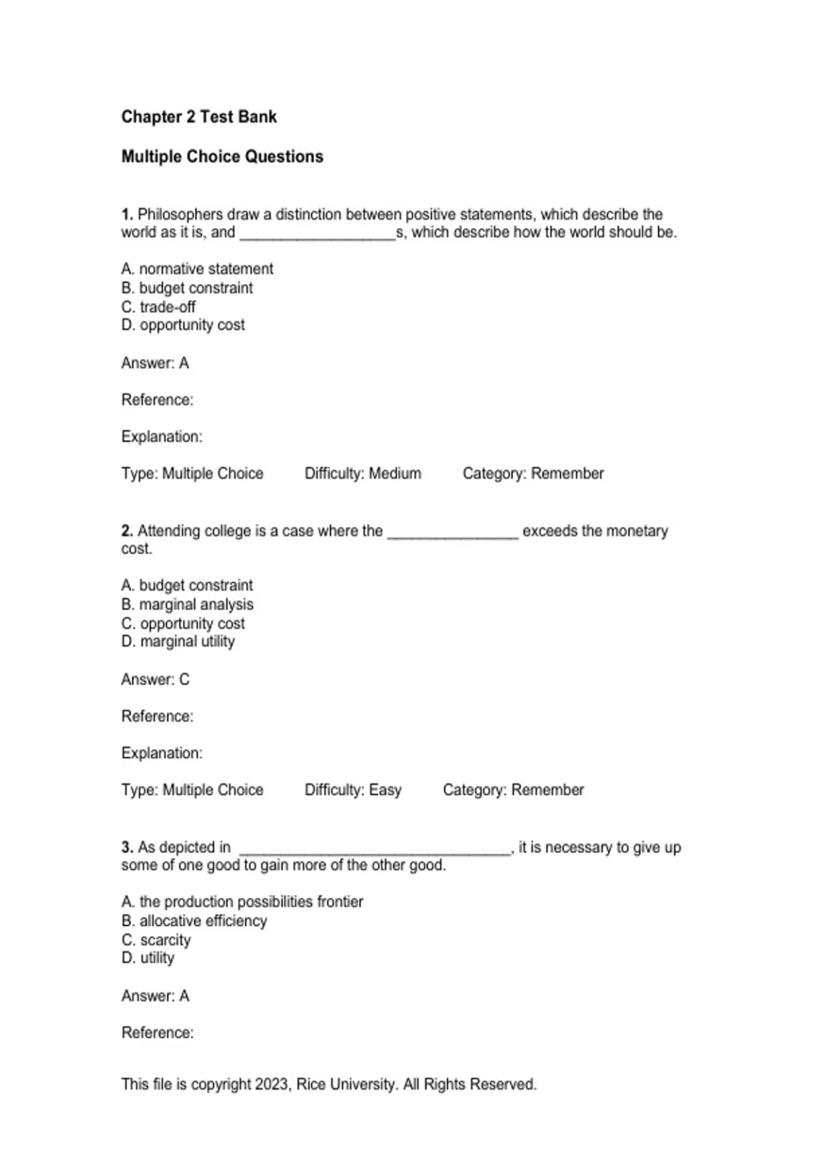 Microeconomics 3e Test Bank Chapter 2 Choice in a World of Scarcity ...
