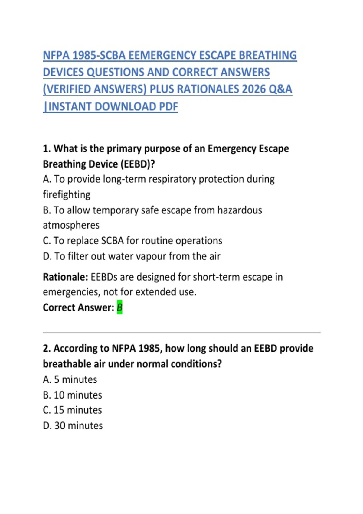 NFPA 1985 – SCBA Emergency Escape Breathing Devices: Questions ...
