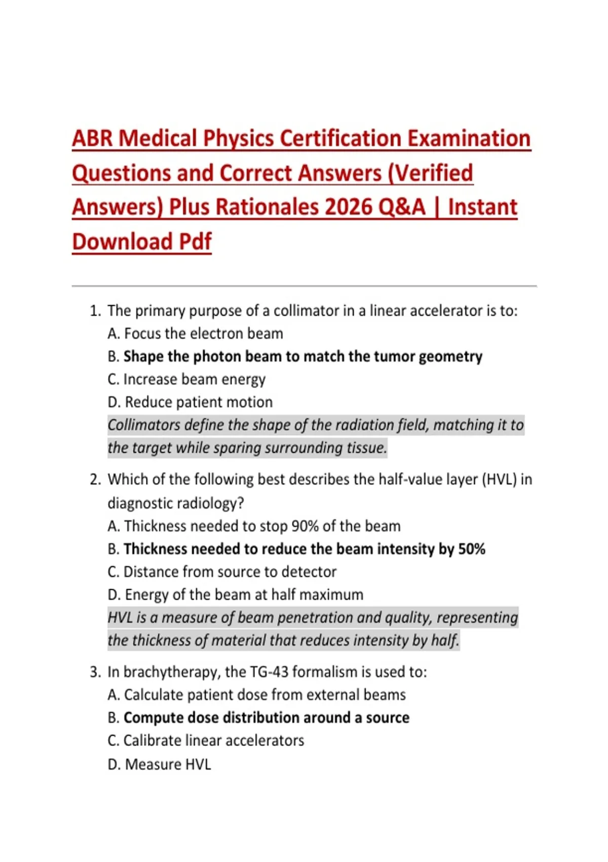 ABR Medical Physics Certification Examination Questions and Correct ...