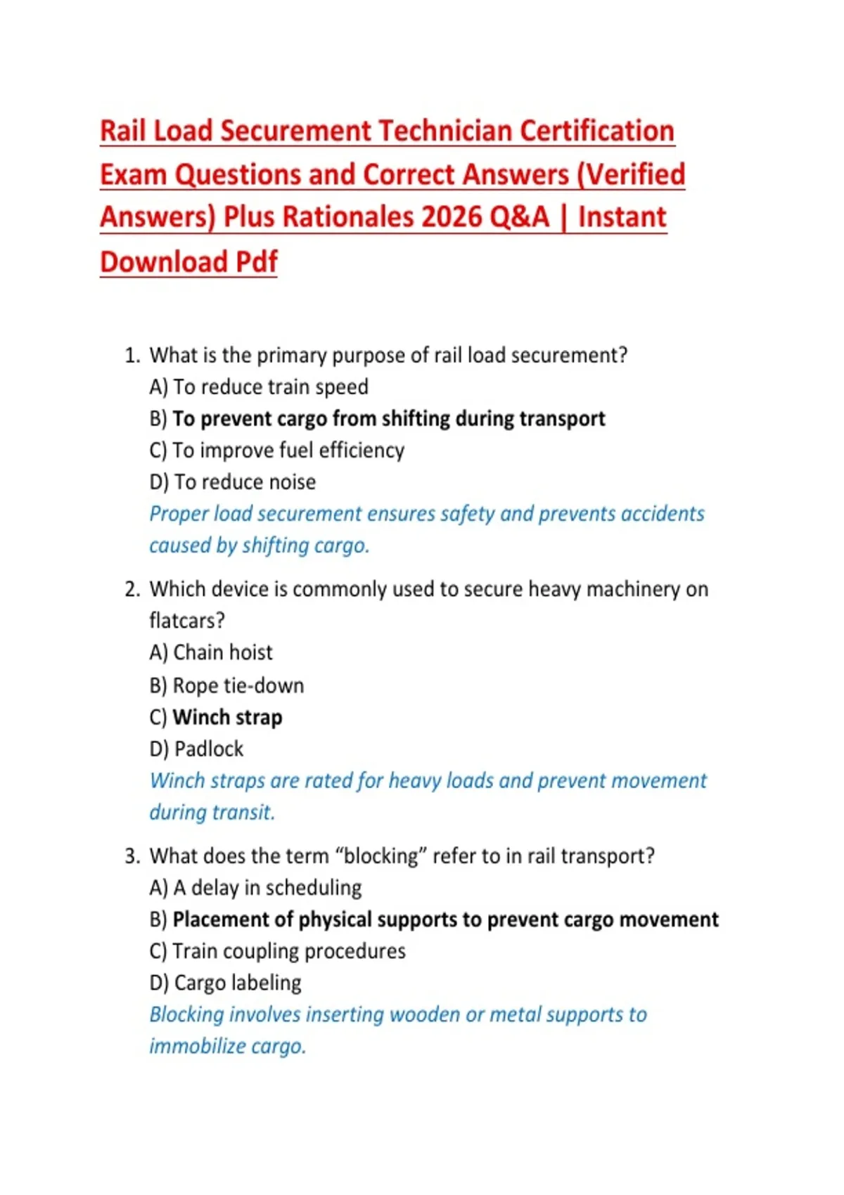 Rail Load Securement Technician Certification Exam Questions and ...