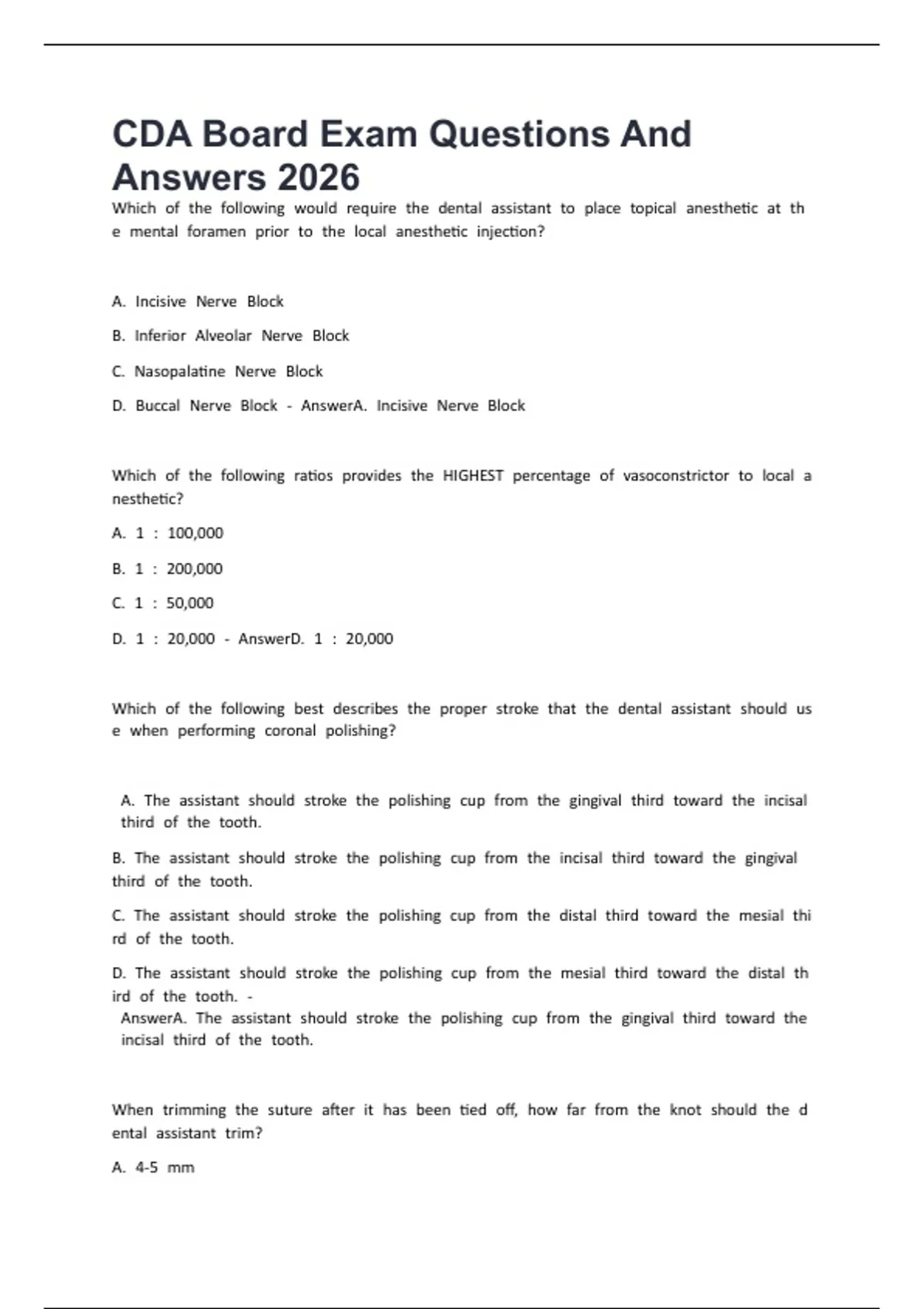 CDA Board Exam Questions And Answers 2026 - Danb - Stuvia US