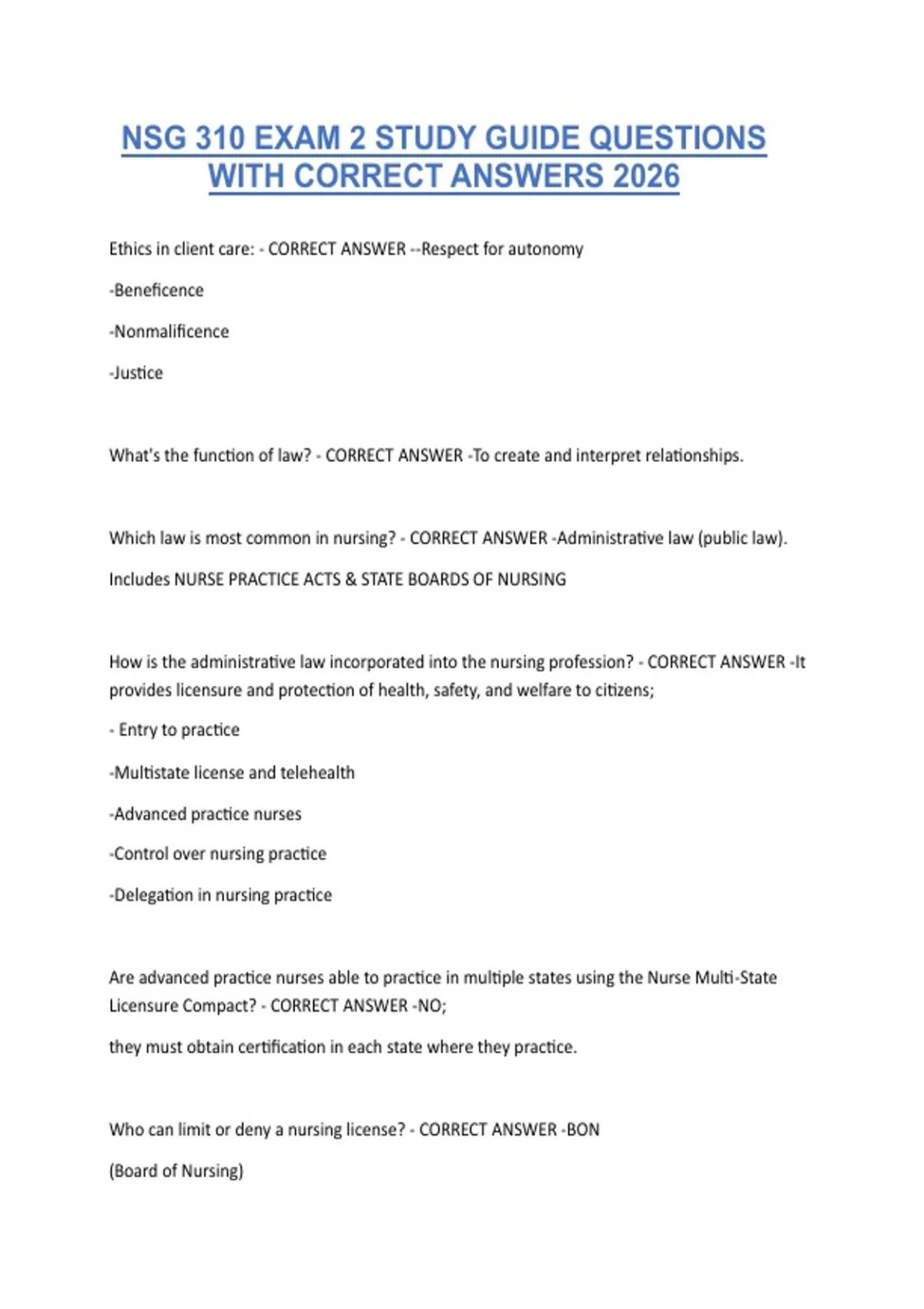 NSG 310 EXAM 2 STUDY GUIDE QUESTIONS WITH CORRECT ANSWERS 2026 - NSG ...