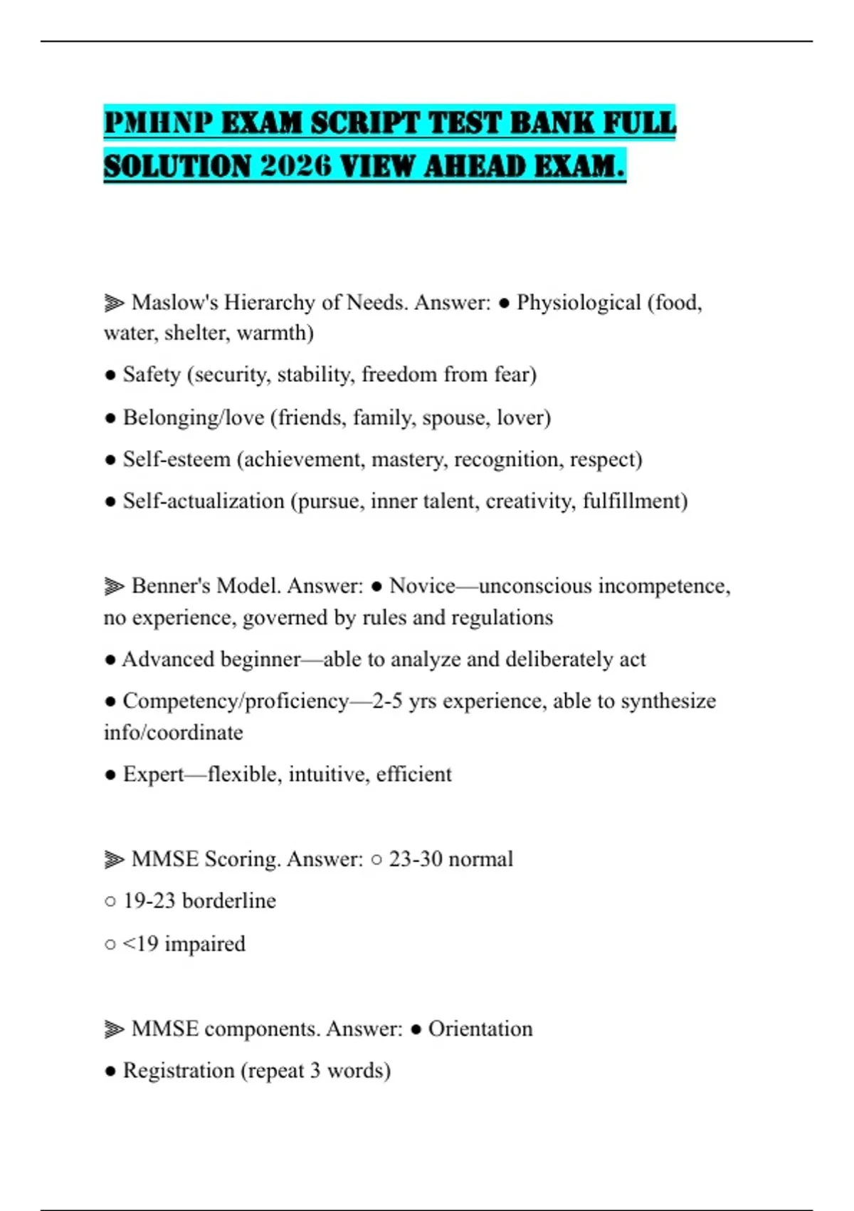 PMHNP EXAM SCRIPT TEST BANK FULL SOLUTION 2026 VIEW AHEAD EXAM - PMHNP ...