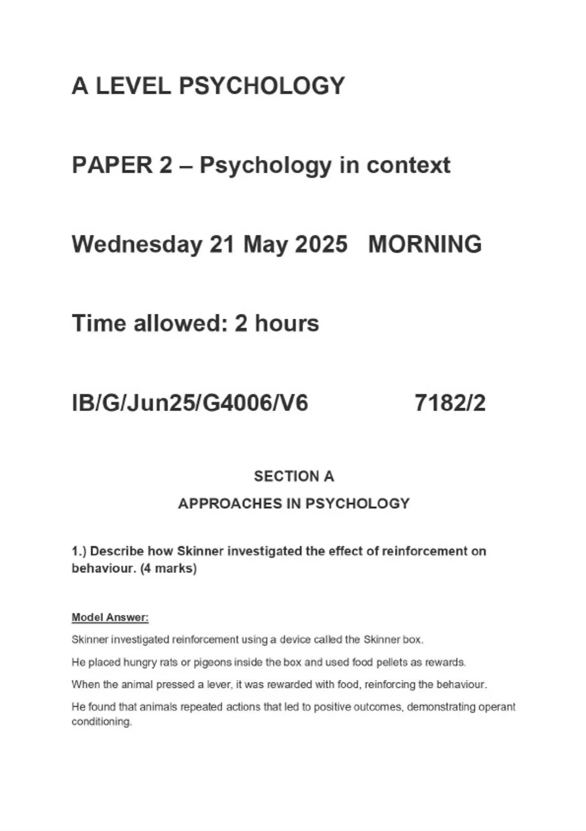 ACTUAL 2025 AQA A LEVEL PSYCHOLOGY 7182/2 PAPER 2 – Psychology in ...