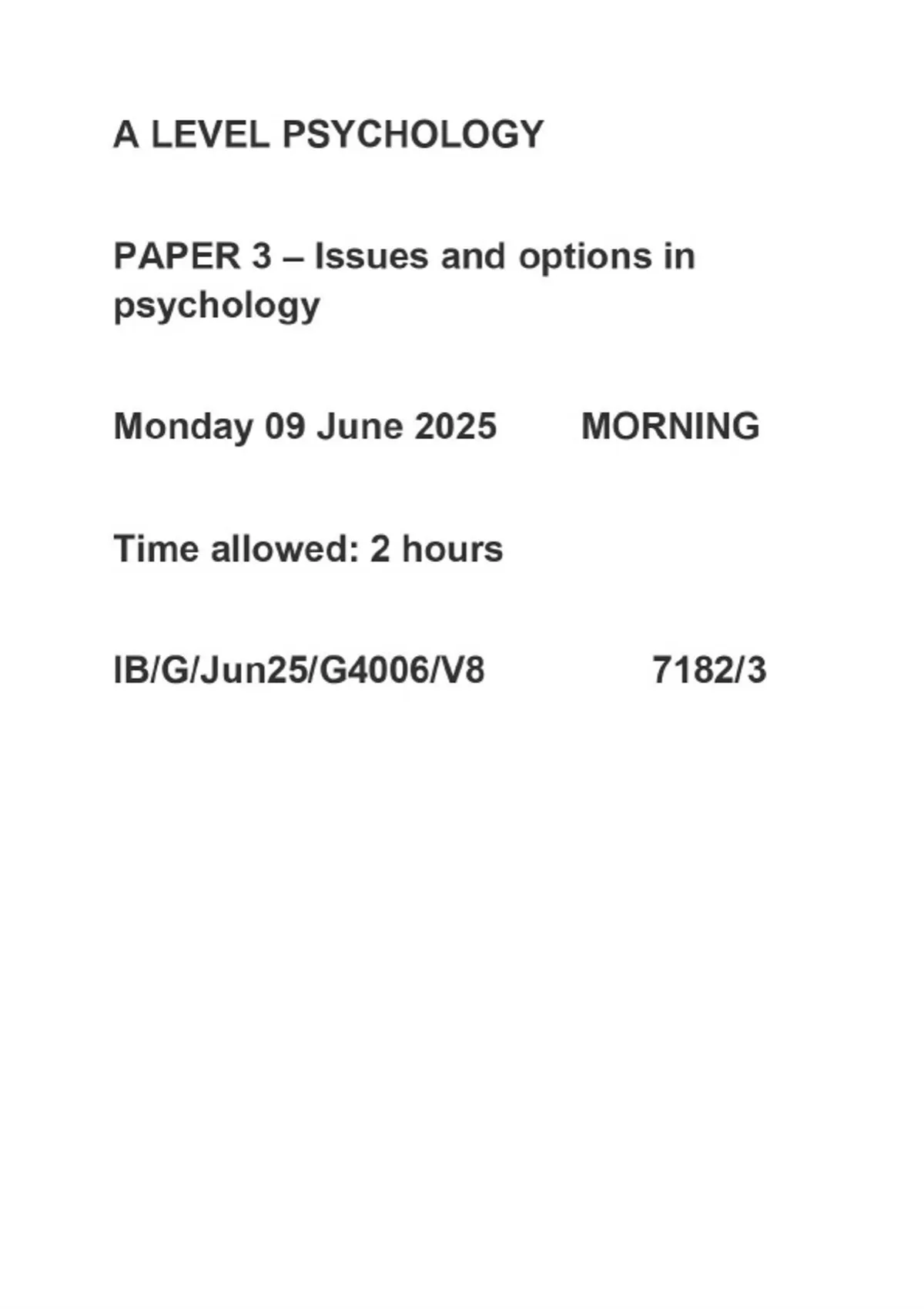 ACTUAL 2025 AQA A LEVEL PSYCHOLOGY 7182/3 PAPER 3 – Issues and options ...