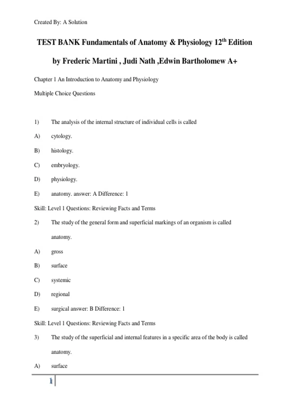 Fundamentals of Anatomy &amp; Physiology 12th Edition Test Bank Chapter 1 | Martini, Nath ...