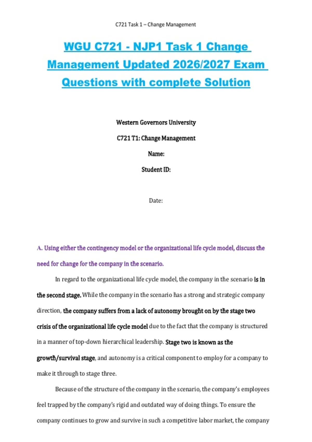 WGU C721 NJP1 Task 1 – Change Management – 2026/2027 Updated Exam ...