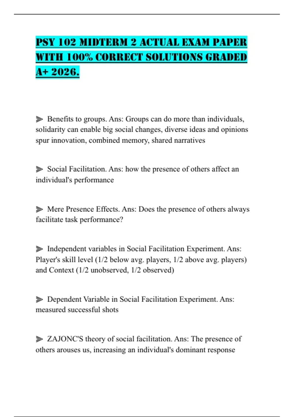 PSY 102 MIDTERM 2 ACTUAL EXAM PAPER WITH 100% CORRECT SOLUTIONS GRADED ...