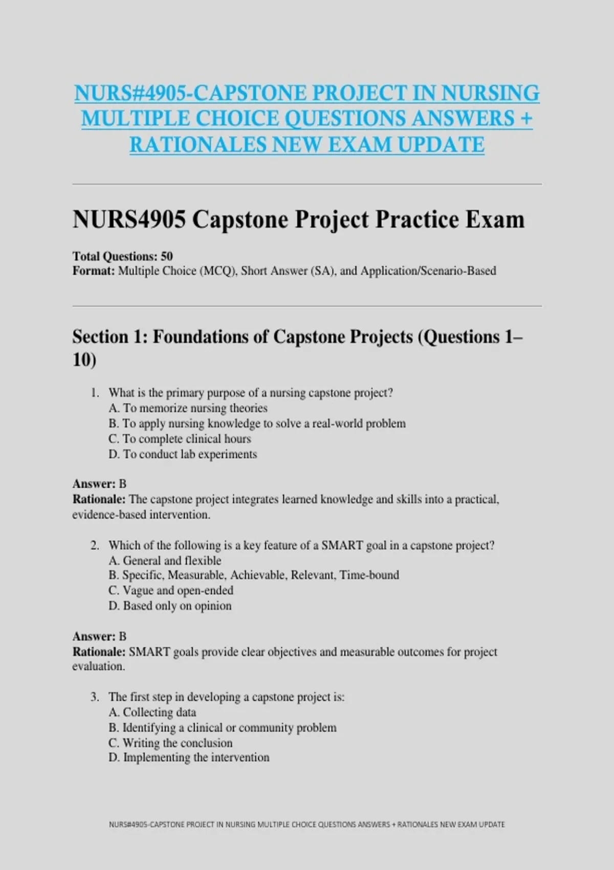 NURS#4905-CAPSTONE PROJECT IN NURSING MULTIPLE CHOICE QUESTIONS ANSWERS ...