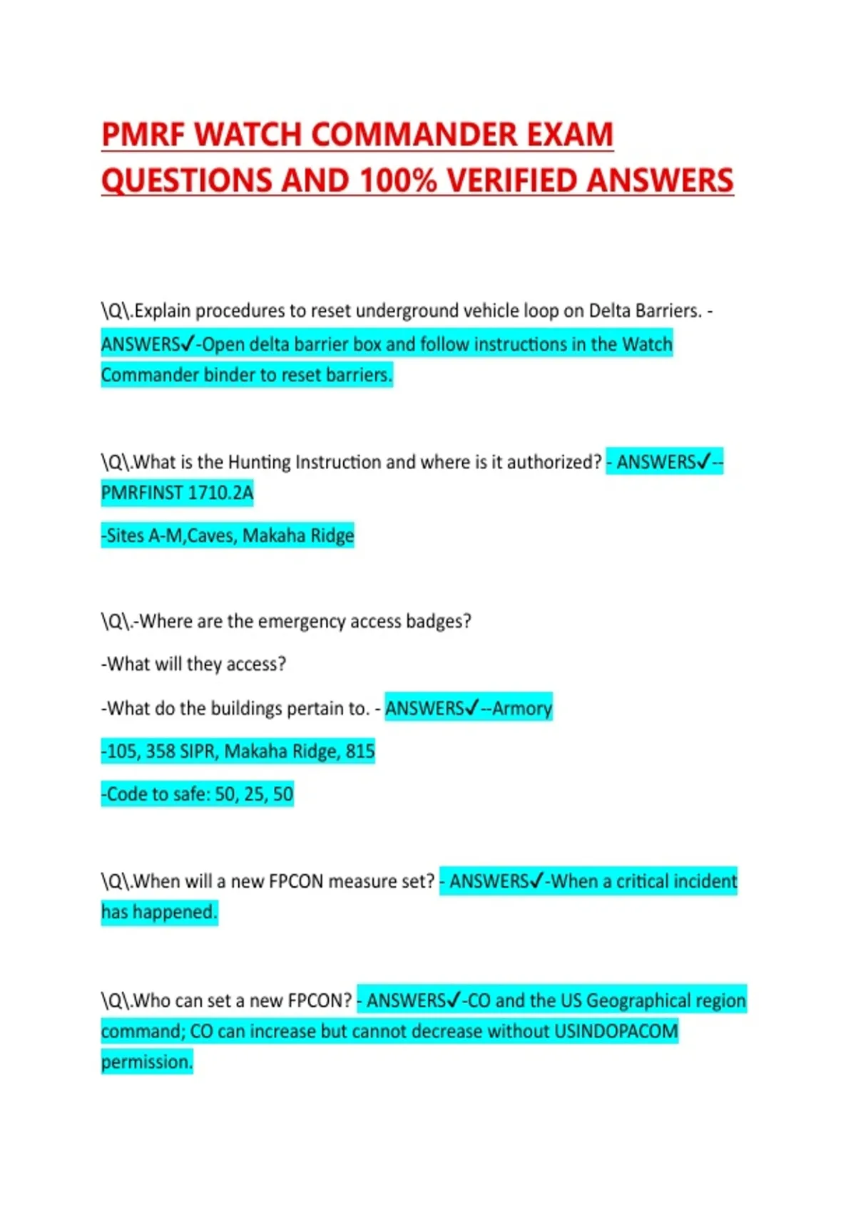 PMRF WATCH COMMANDER EXAM QUESTIONS AND 100% VERIFIED ANSWERS 2026 ...