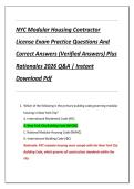 NYC Modular Housing Contractor  License Exam Practice Questions And  Correct Answers &lpar;Verified Answers&rpar; Plus  Rationales 2026 Q&A &vert; Instant  Download Pdf