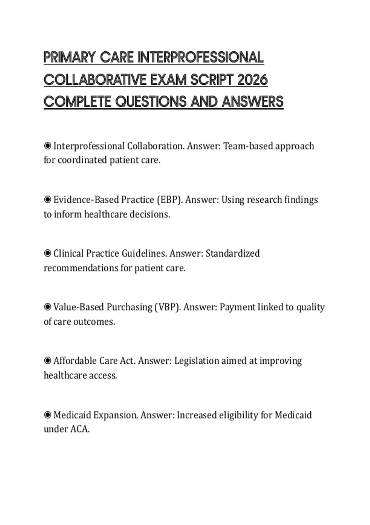 PRIMARY CARE INTERPROFESSIONAL COLLABORATIVE EXAM SCRIPT 2026 COMPLETE ...