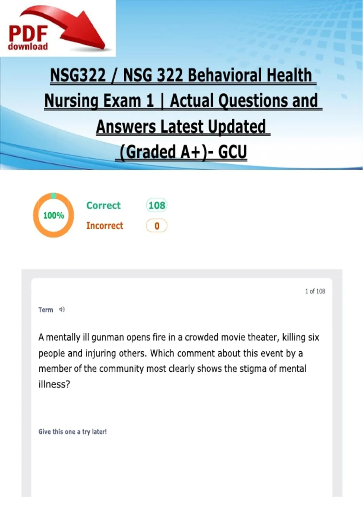 NSG322 / NSG 322 Behavioral Health Nursing Exam 1 | Actual Questions ...