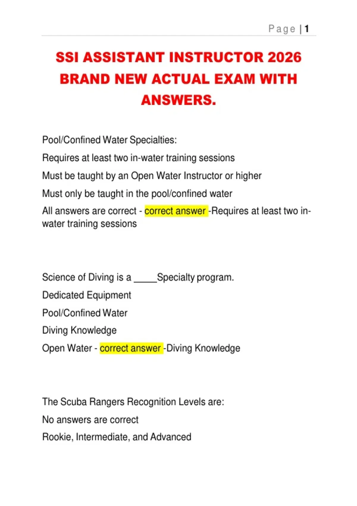 Assistant Instructor Basic Course SSI ASSISTANT INSTRUCTOR 2026 BRAND NEW ACTUAL EXAM WITH ANSWERS. - SSI ...