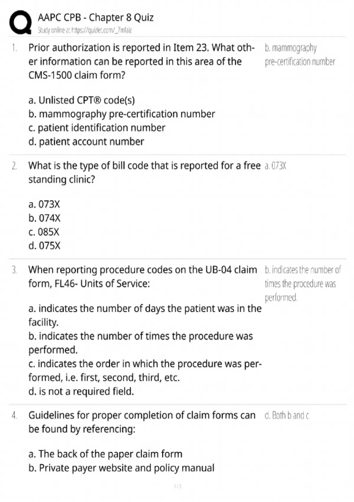 AAPC CPB Chapter 8 Quiz / Billing & Reimbursement Systems Study Guide ...