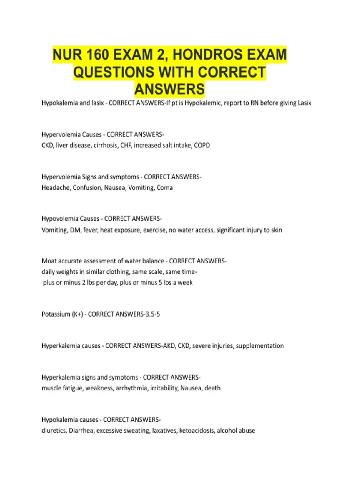 NUR 160 Exam 2, HONDROS EXAM QUESTIONS WITH CORRECT ANSWERS - HONDROS ...