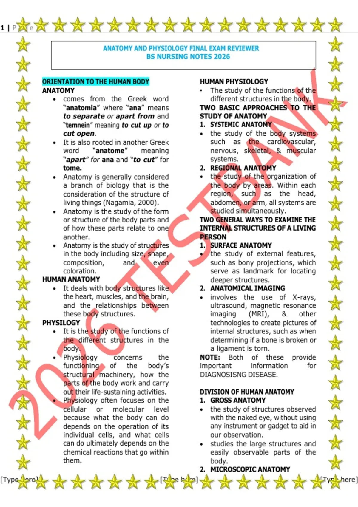 Anatomy and Physiology Final Exam Reviewer 2026 | BS Nursing ...