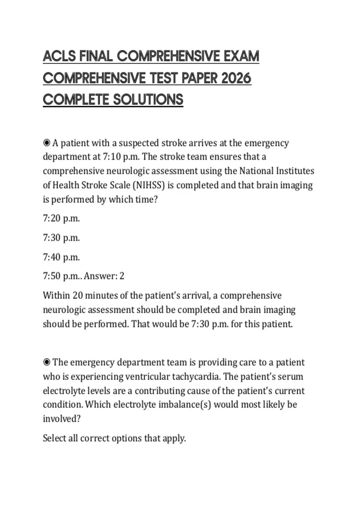 ACLS FINAL COMPREHENSIVE EXAM COMPREHENSIVE TEST PAPER 2026 COMPLETE ...