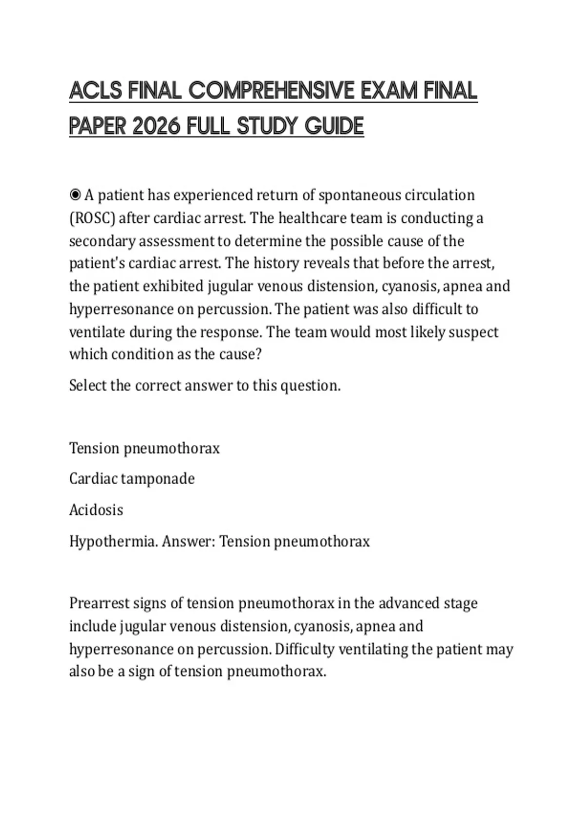 ACLS FINAL COMPREHENSIVE EXAM FINAL PAPER 2026 FULL STUDY GUIDE - ACLS ...