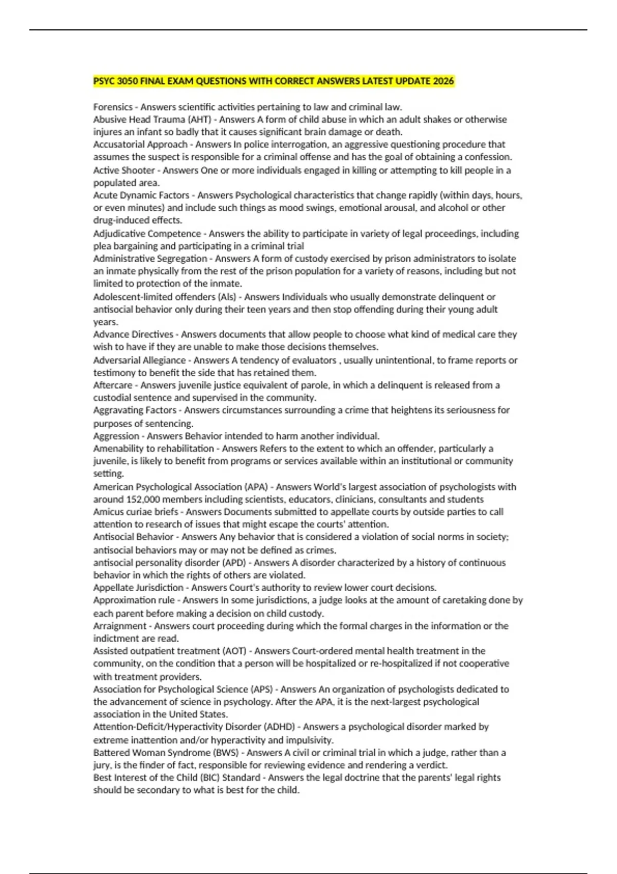 PSYC 3050 FINAL EXAM QUESTIONS WITH CORRECT ANSWERS LATEST UPDATE 2026 ...