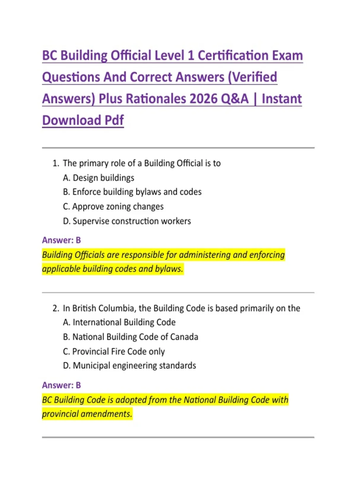 BC Building Official Level 1 Certification Exam Questions And Correct ...