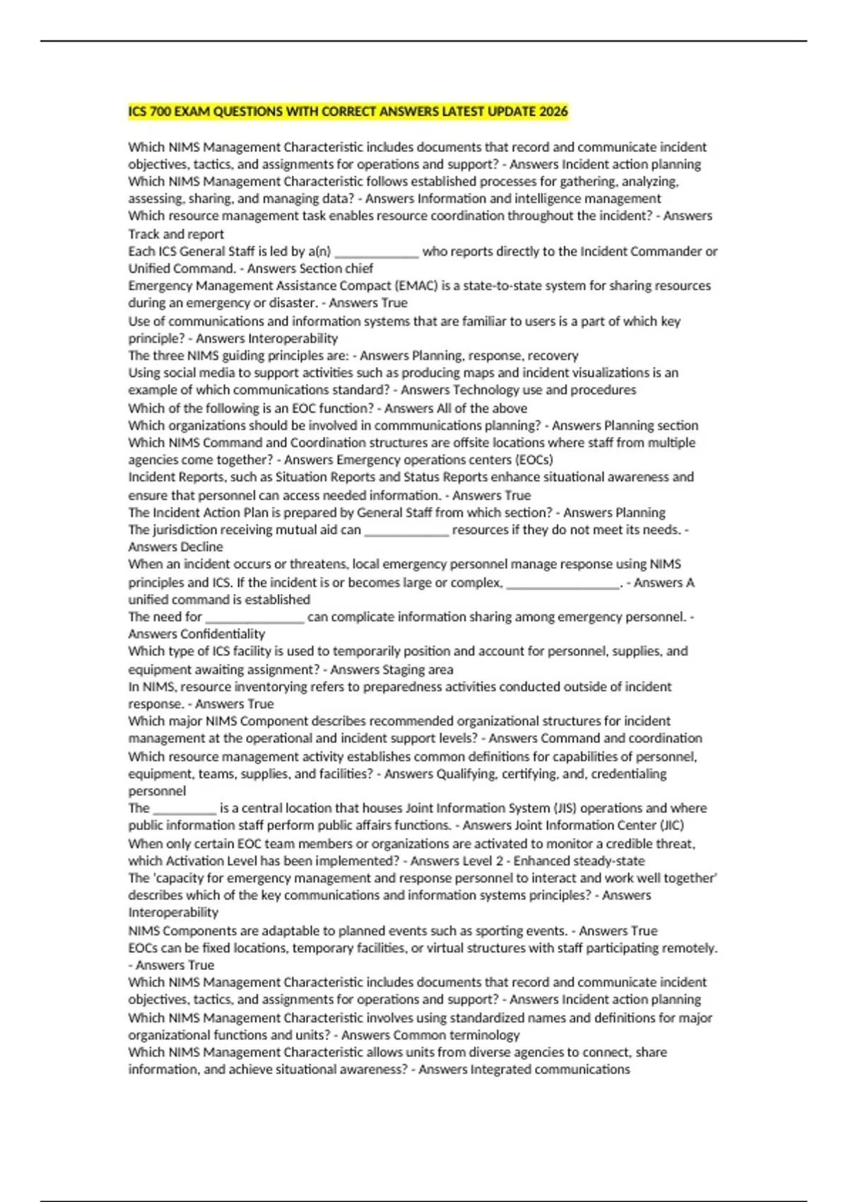 Ics 700 Answers.pdf ICS 700 EXAM QUESTIONS WITH CORRECT ANSWERS LATEST UPDATE 2026 - ICS ...