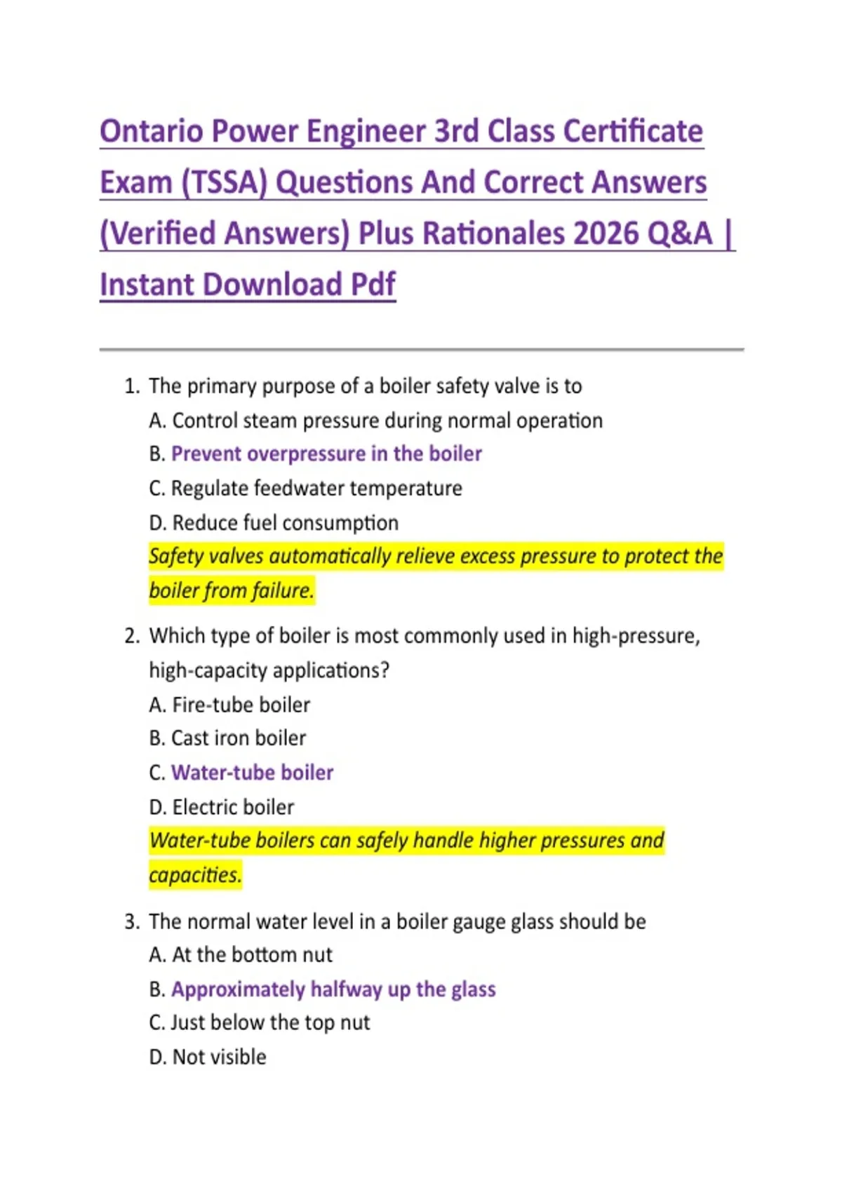 Ontario Power Engineer 3rd Class Certificate Exam (TSSA) Questions And Correct Answers (Verified ...