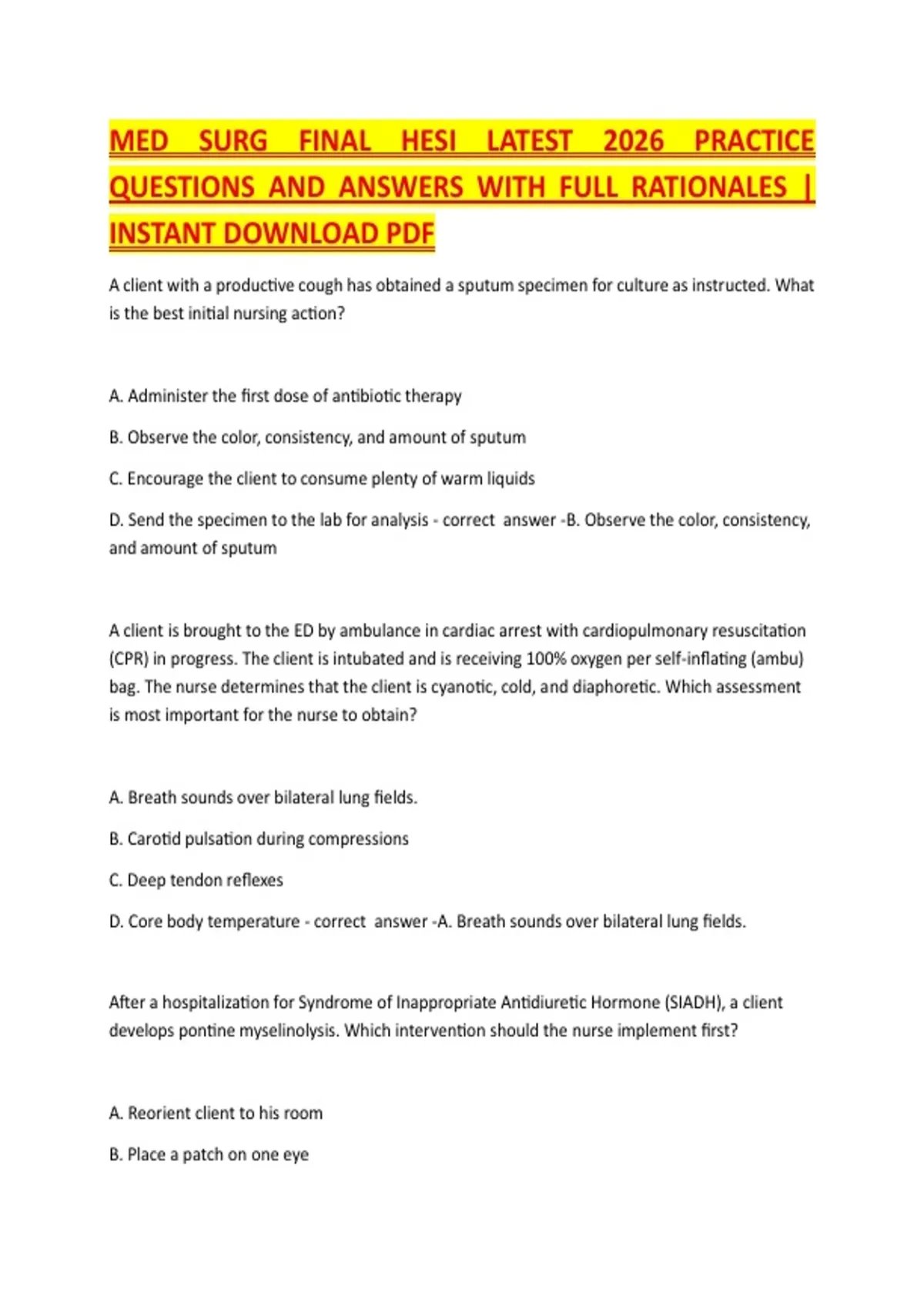 MED SURG FINAL HESI LATEST 2026 PRACTICE QUESTIONS AND ANSWERS WITH ...