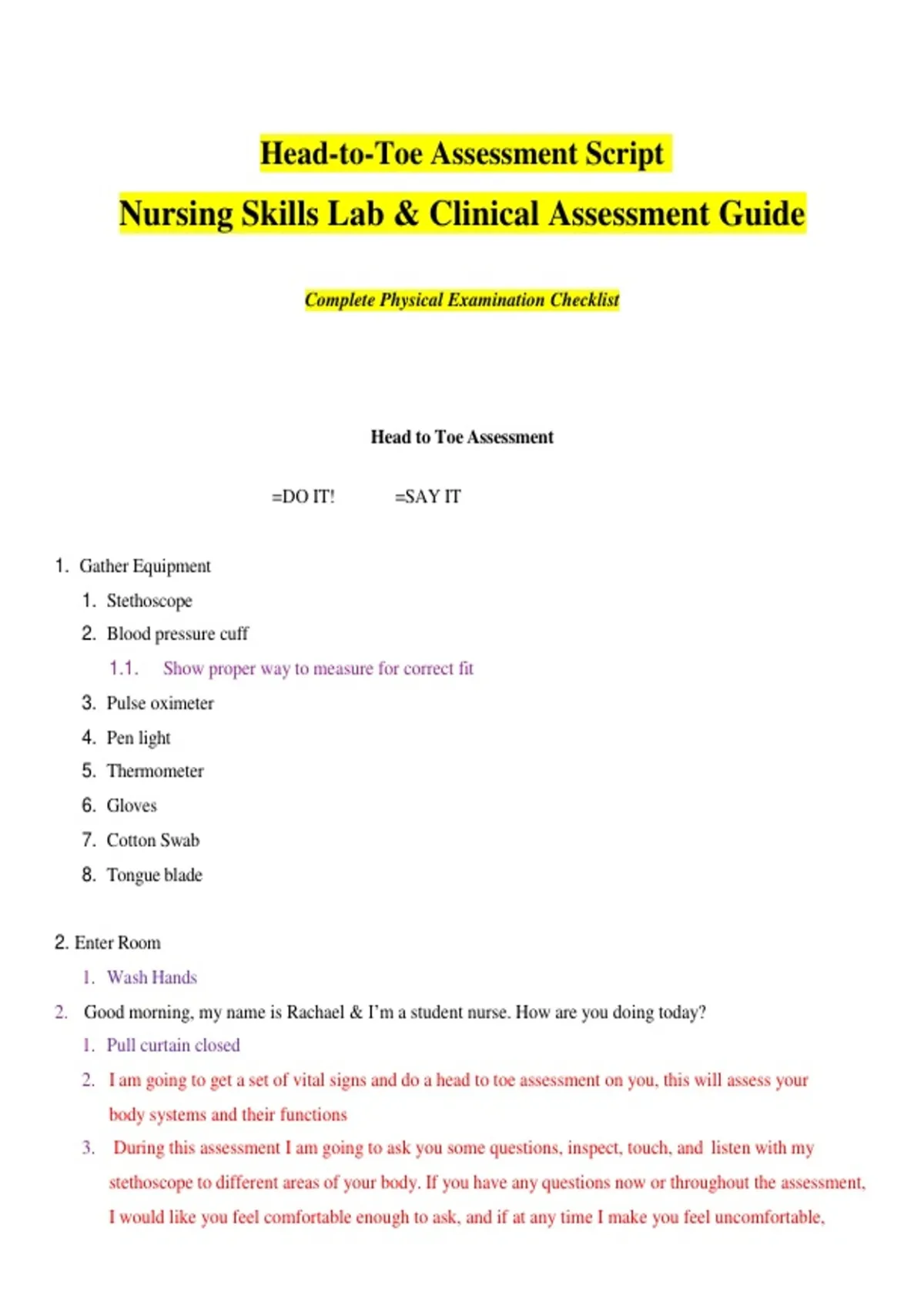 Physical Examination Rle Script Head-to-Toe Assessment Script Nursing Skills Lab & Clinical Assessment ...