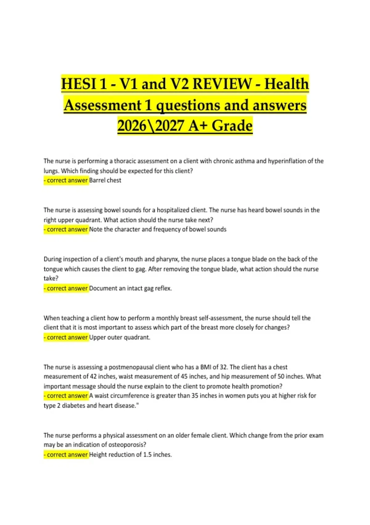 HESI 1 – V1 and V2 Review | Health Assessment 1 | Questions and Answers ...