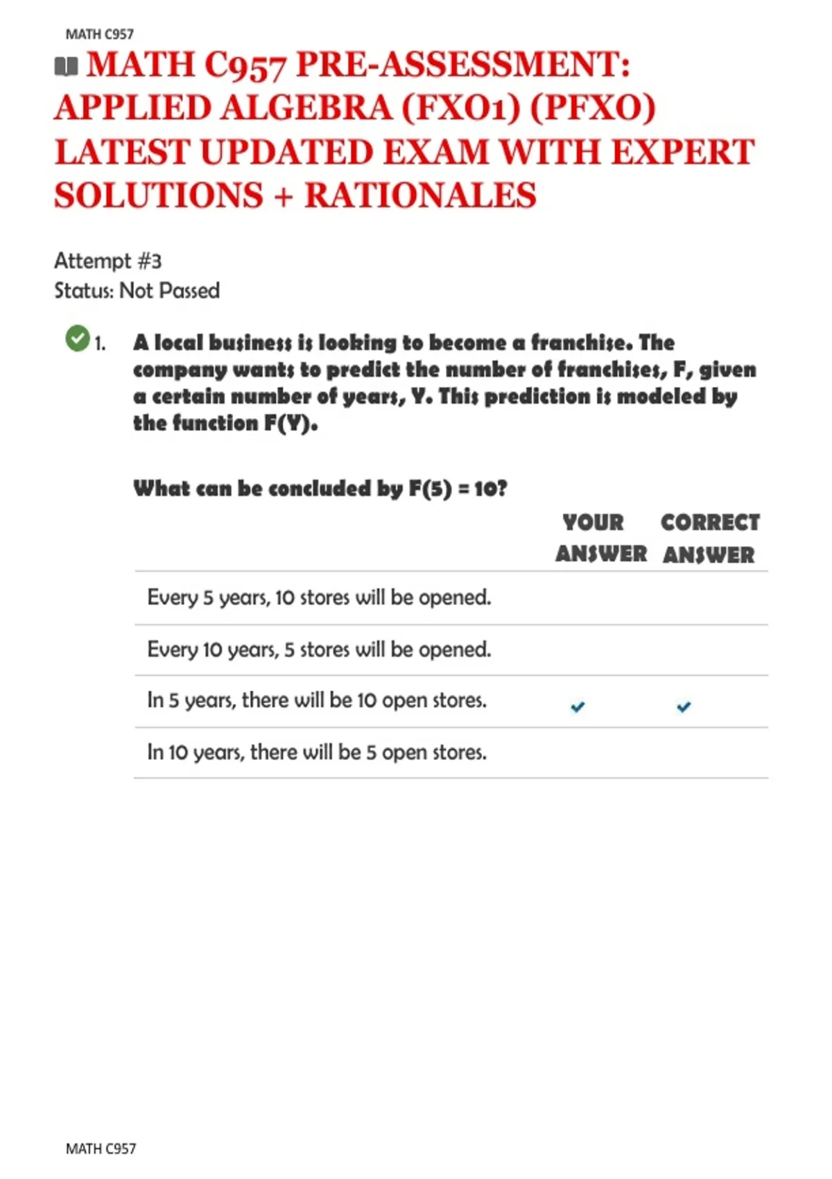 MATH C957 | PRE-ASSESSMENT: APPLIED ALGEBRA (FXO1) (PFXO) |LATEST ...