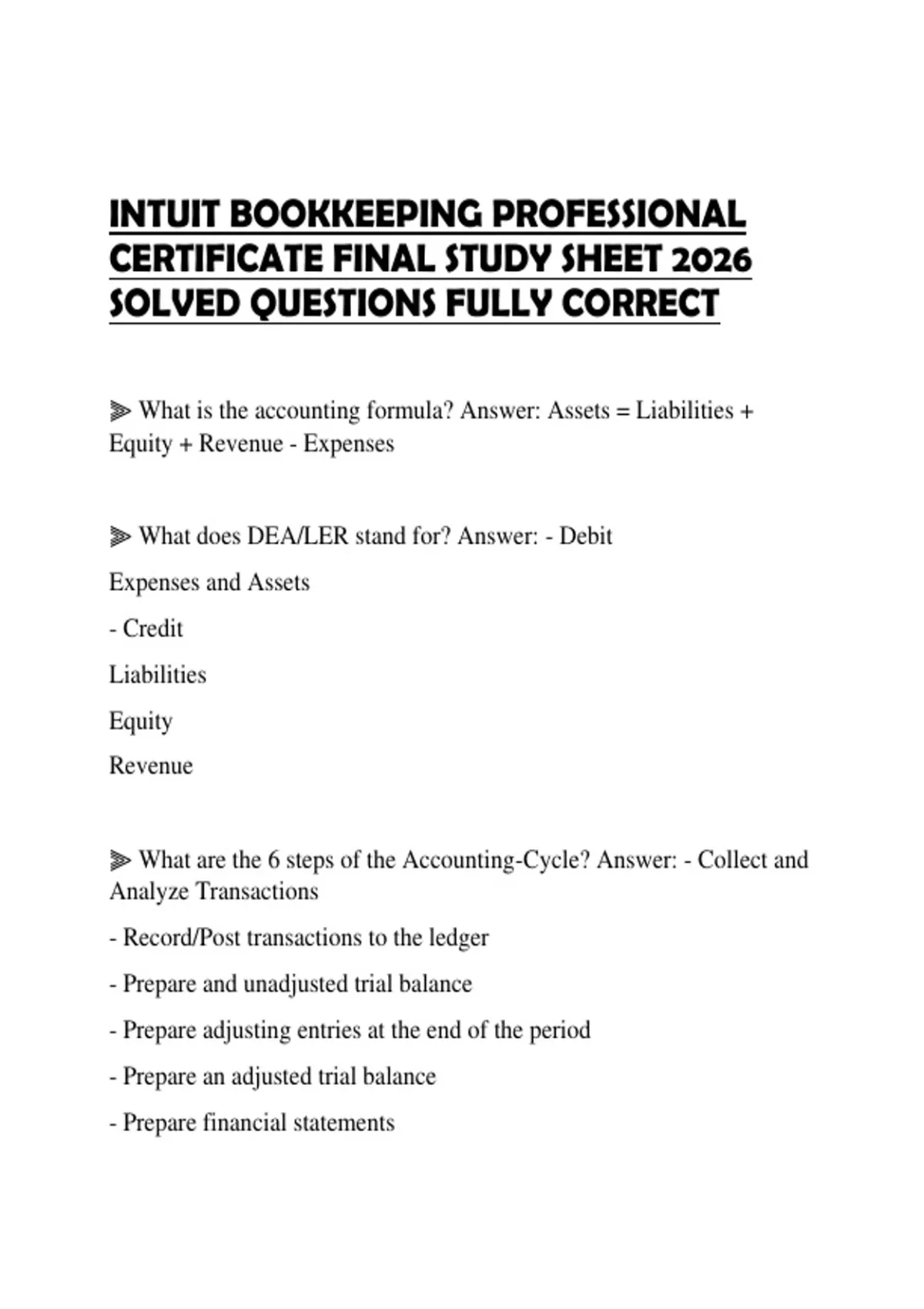 INTUIT BOOKKEEPING PROFESSIONAL CERTIFICATE FINAL STUDY SHEET 2026 ...