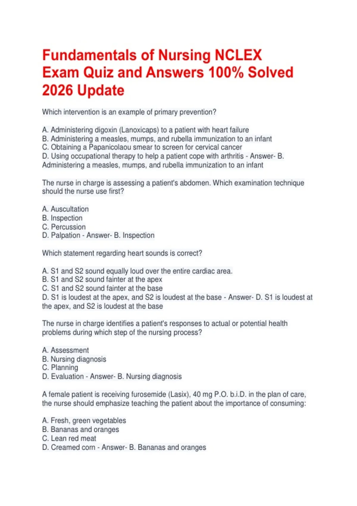 Fundamentals of Nursing NCLEX Exam Quiz and Answers 100% Solved 2026 ...
