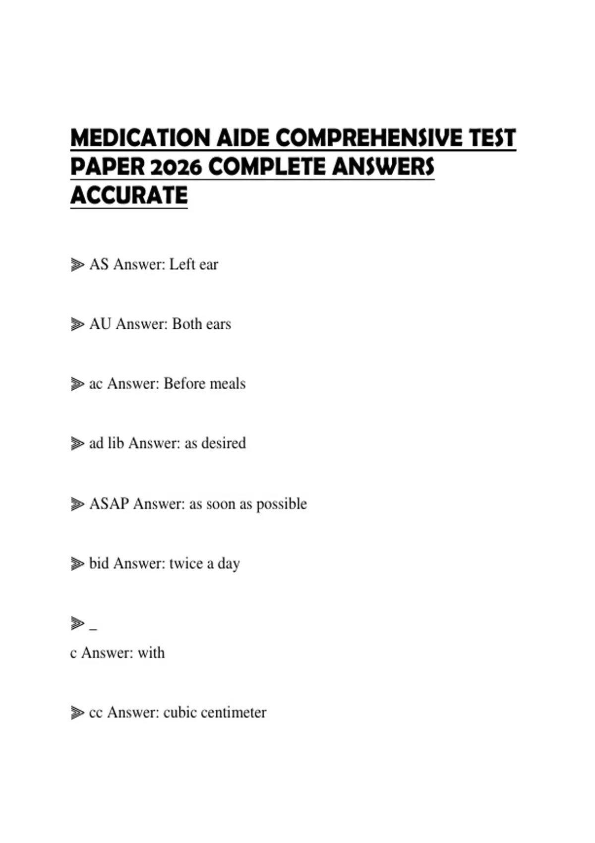 MEDICATION AIDE COMPREHENSIVE TEST PAPER 2026 COMPLETE ANSWERS ACCURATE ...