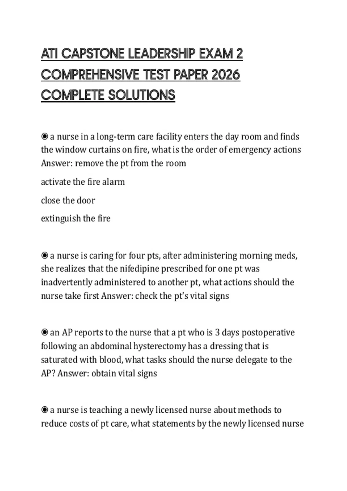 ATI CAPSTONE LEADERSHIP EXAM 2 COMPREHENSIVE TEST PAPER 2026 COMPLETE ...